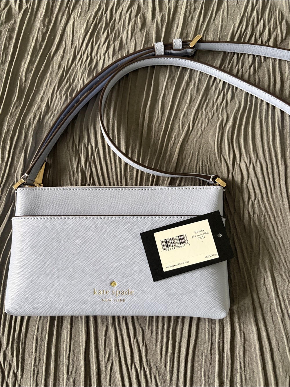 kate spade pale blueberry saffiano crossbody with gold hardware